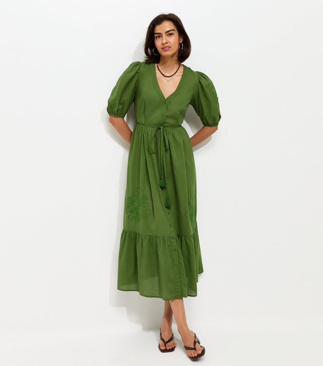 New Look Women's Bright Green Embroidered Smock Midi Dress New Look - 3