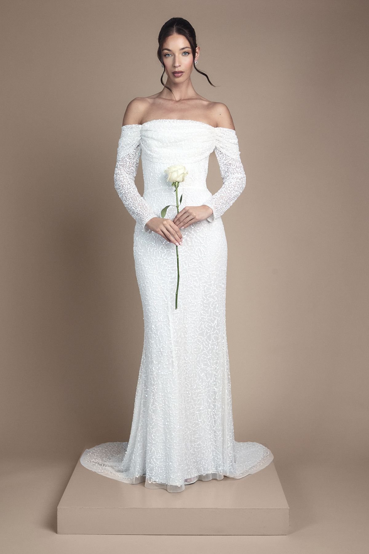 Coast Coast Women's Honoured Sequin Draped Bardot Long Sleeve Maxi Wedding Dress in Ivory - 1