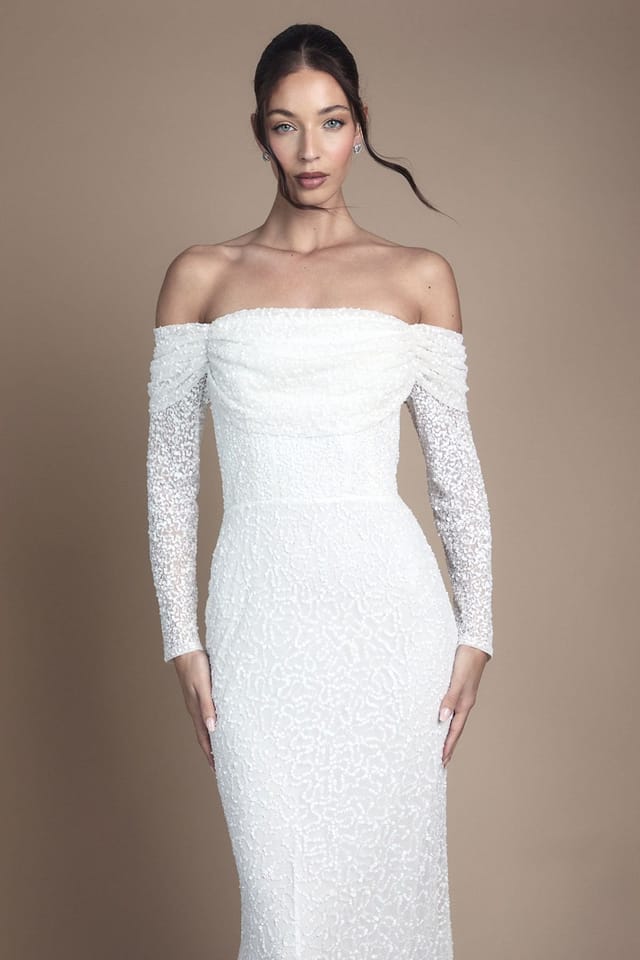 Coast Coast Women's Honoured Sequin Draped Bardot Long Sleeve Maxi Wedding Dress in Ivory - 2