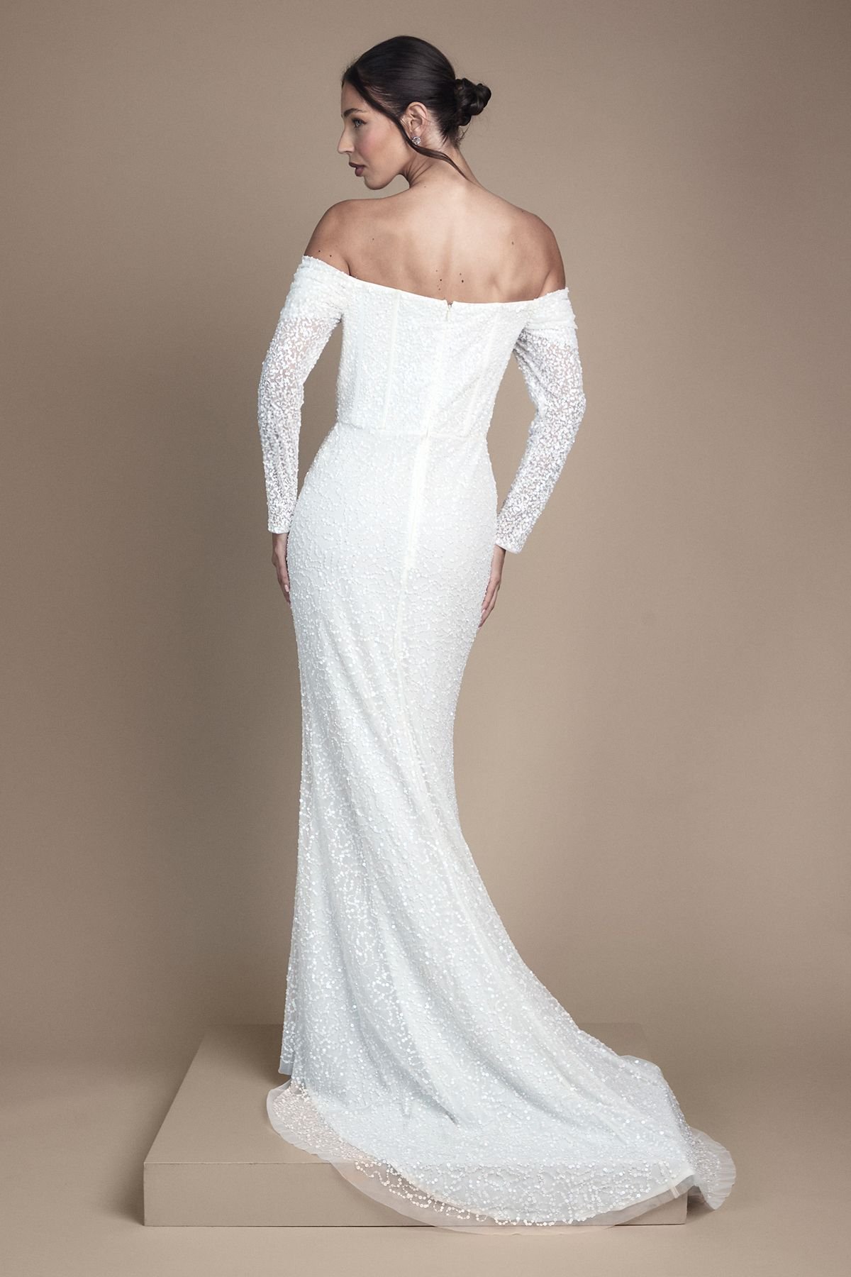 Coast Coast Women's Honoured Sequin Draped Bardot Long Sleeve Maxi Wedding Dress in Ivory - 3