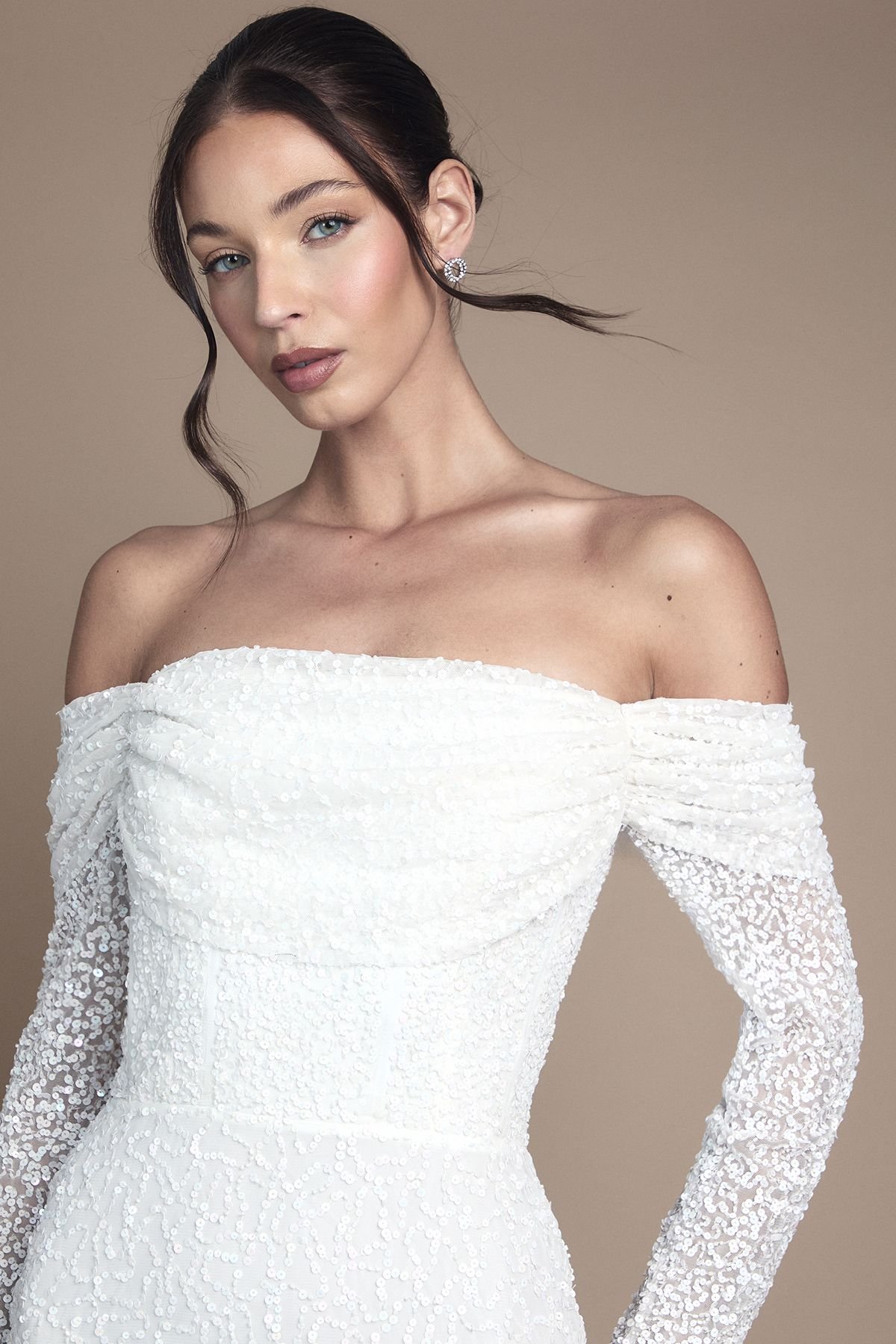 Coast Coast Women's Honoured Sequin Draped Bardot Long Sleeve Maxi Wedding Dress in Ivory - 4