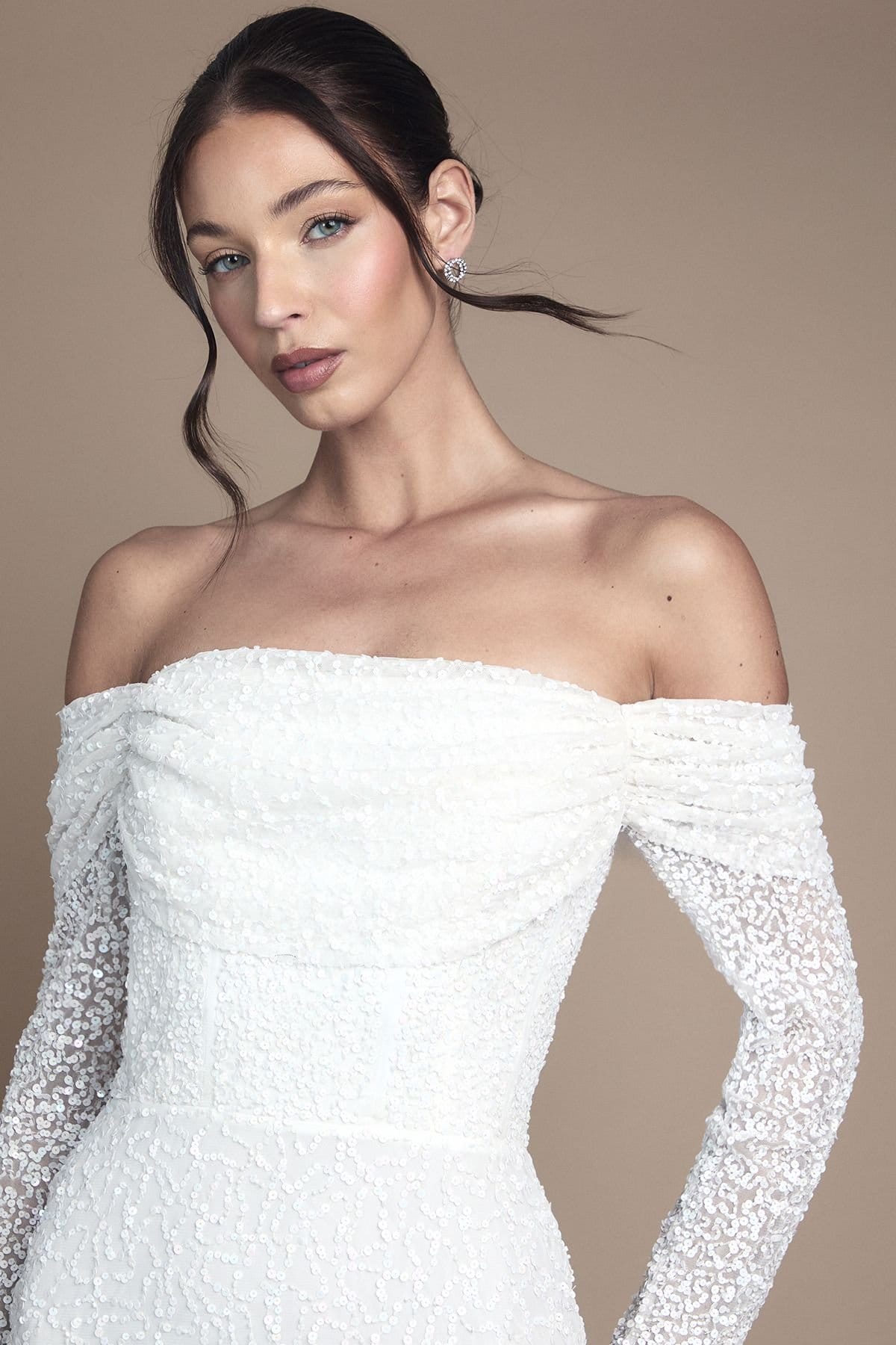 Coast Coast Women's Honoured Sequin Draped Bardot Long Sleeve Maxi Wedding Dress in Ivory - 4