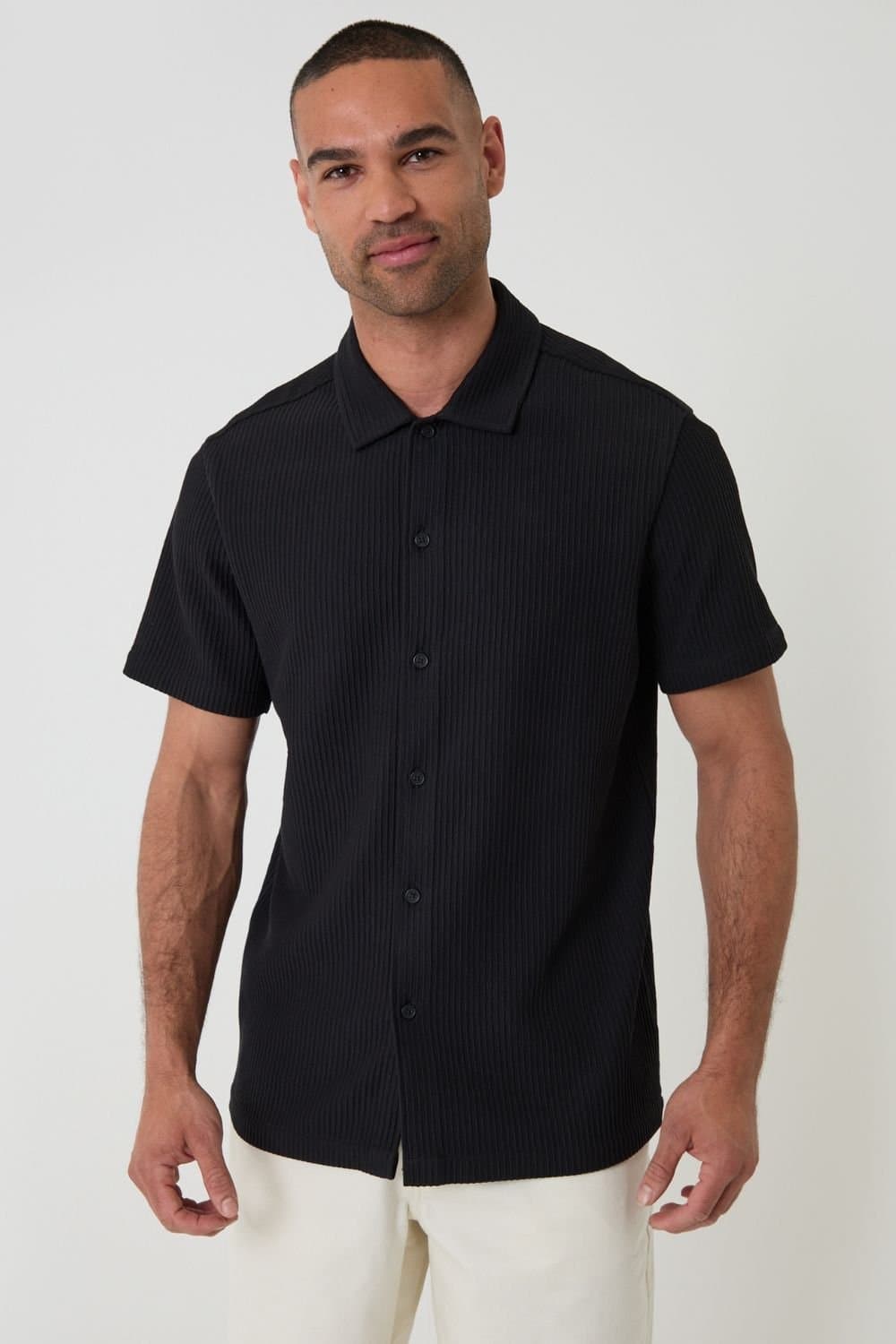 Threadbare Threadbare Men's Plisse Rib Short Sleeve Shirt in Black