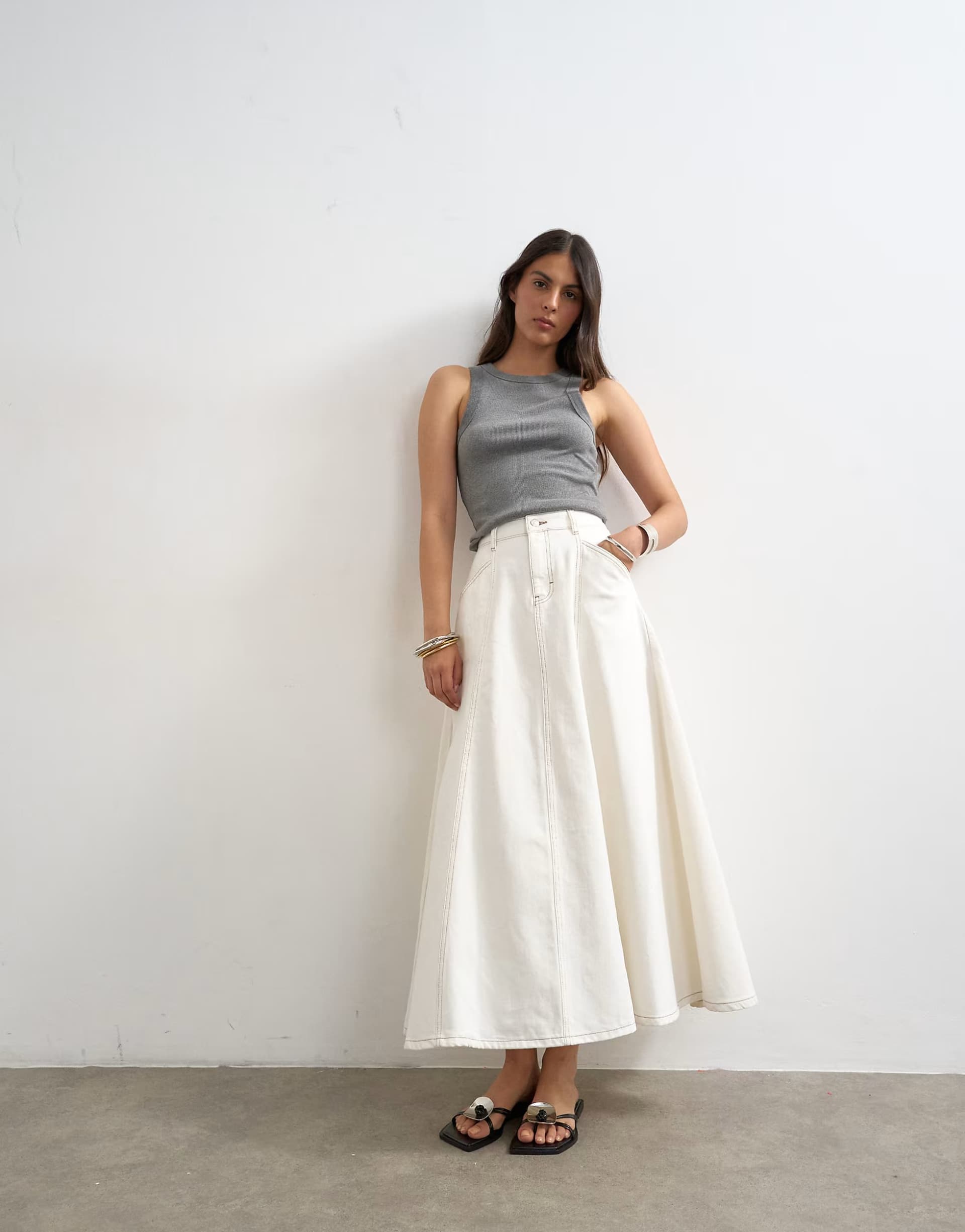 ASOS Topshop denim circle seamed maxi skirt in bone