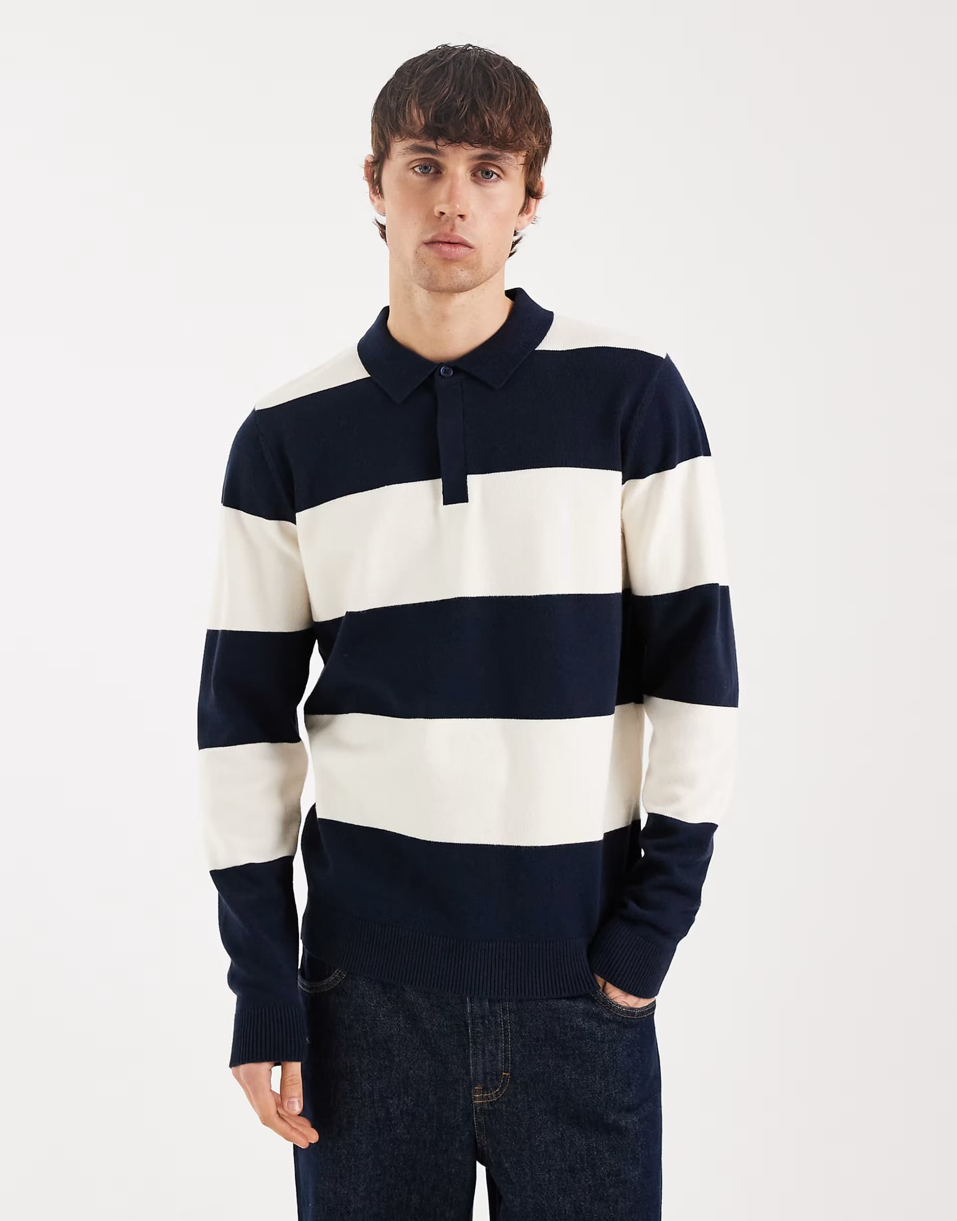ASOS Threadbare knitted rugby polo in navy and ecru stripe