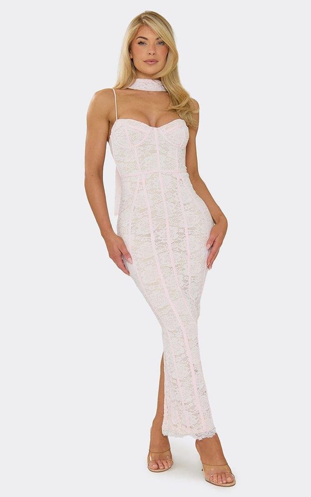 EGO Strappy Scarf Neck Detail Midi Dress In Baby Pink Lace, Women's Size UK 6 - 2