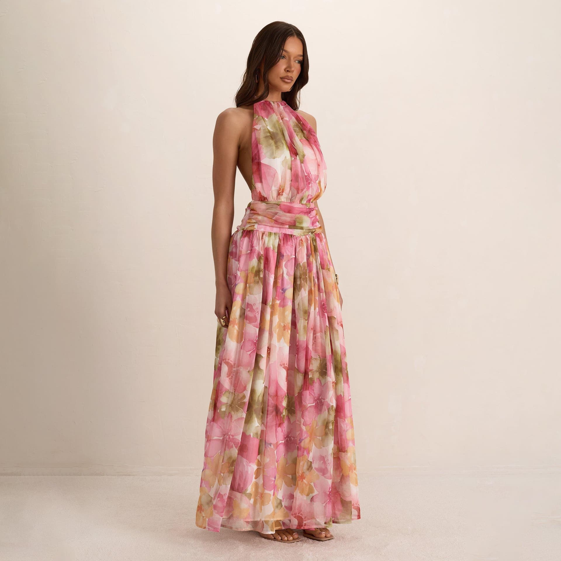 EGO High Neck Ruched Detail Backless Maxi Dress In Pink Floral Print, Women's Size UK 6