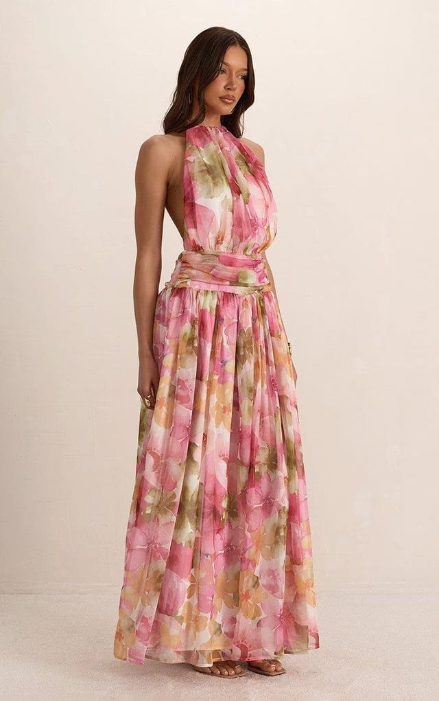 EGO High Neck Ruched Detail Backless Maxi Dress In Pink Floral Print, Women's Size UK 6 - 2