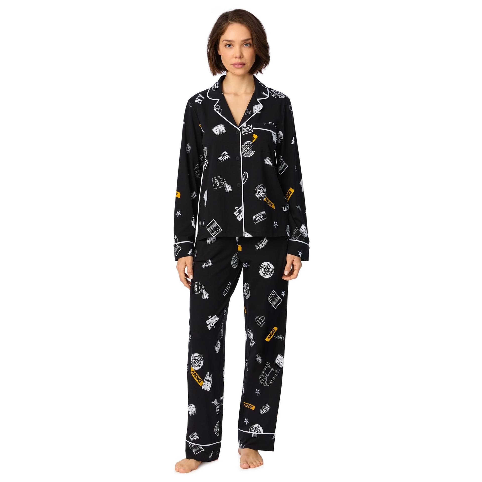DKNY DKNY Women's Long Sleeve Notch Top & Pant Sleep Set in Multi Black Logo
