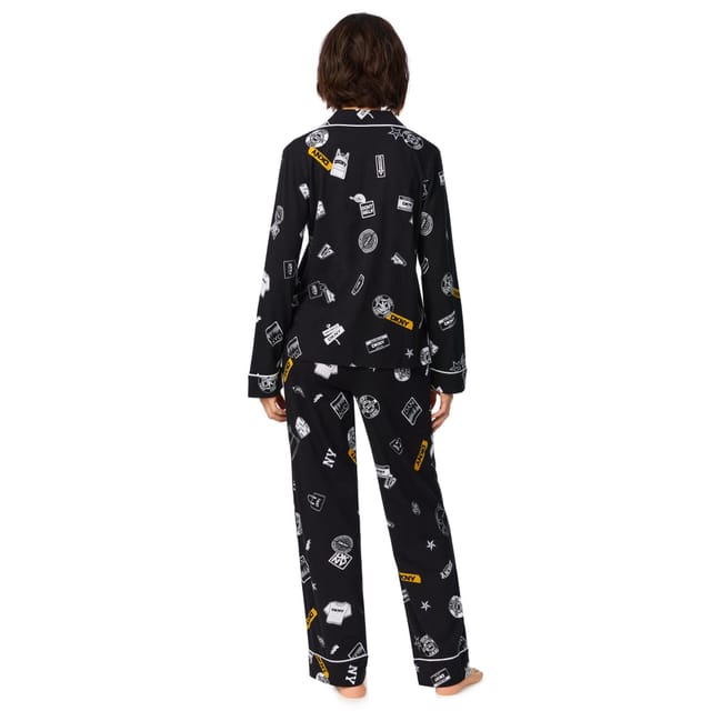 DKNY DKNY Women's Long Sleeve Notch Top & Pant Sleep Set in Multi Black Logo - 2