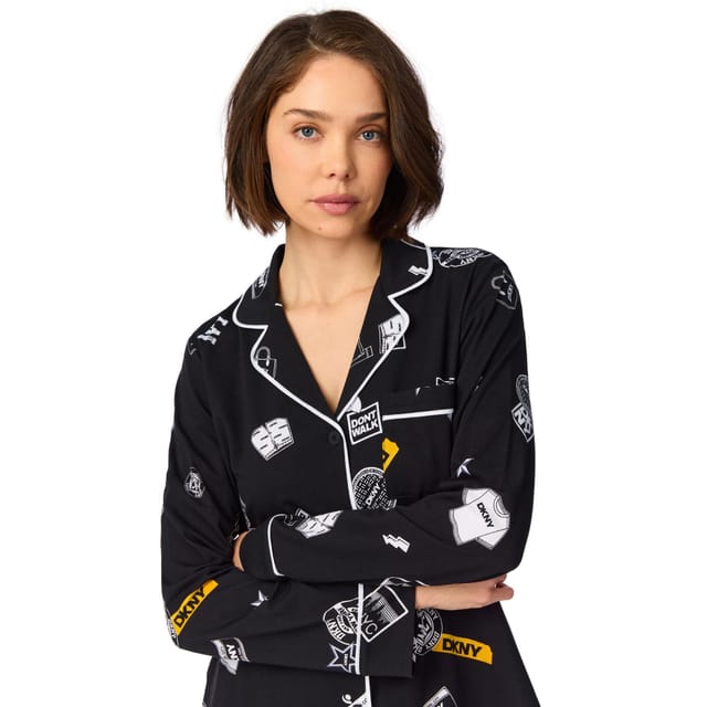 DKNY DKNY Women's Long Sleeve Notch Top & Pant Sleep Set in Multi Black Logo - 3