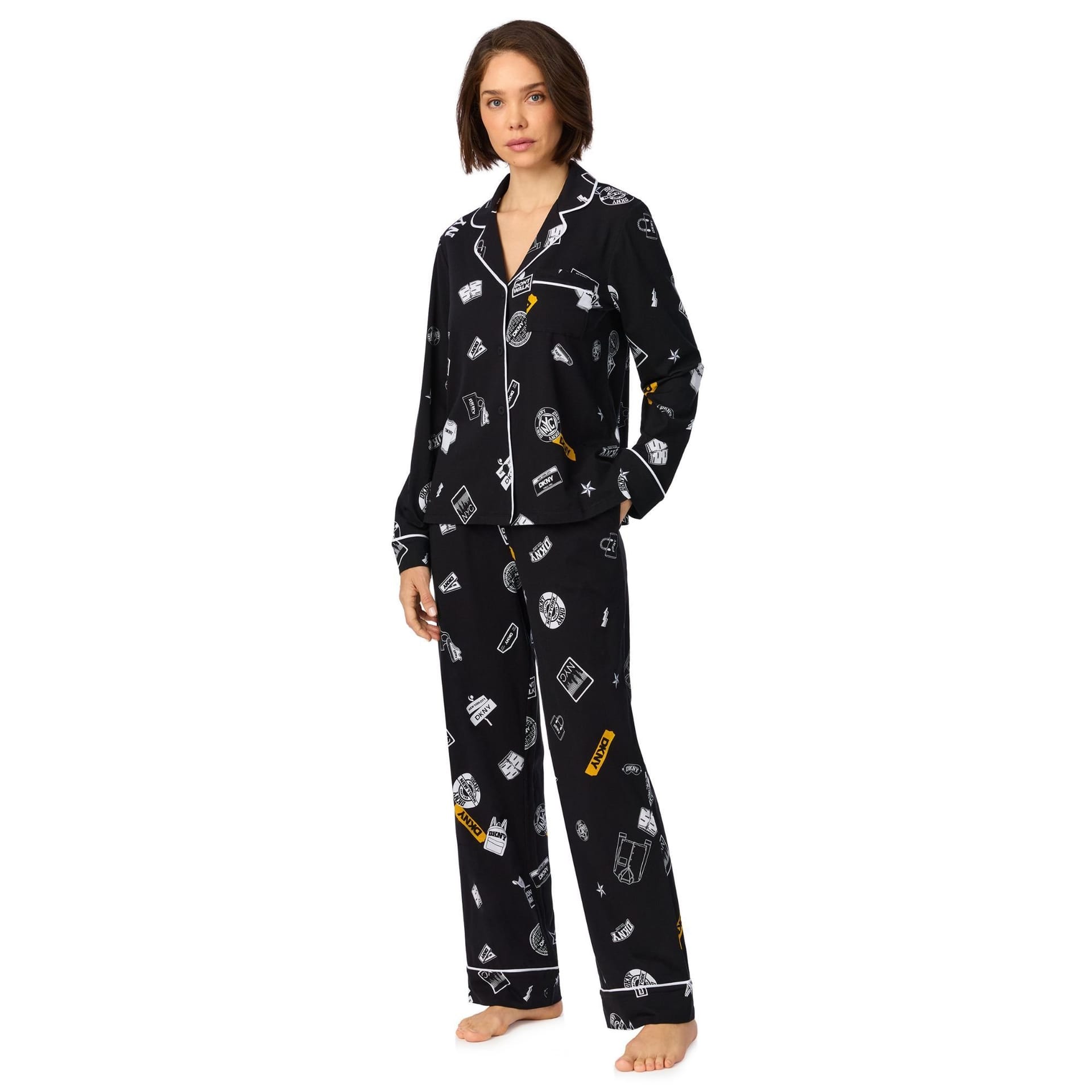 DKNY DKNY Women's Long Sleeve Notch Top & Pant Sleep Set in Multi Black Logo - 4