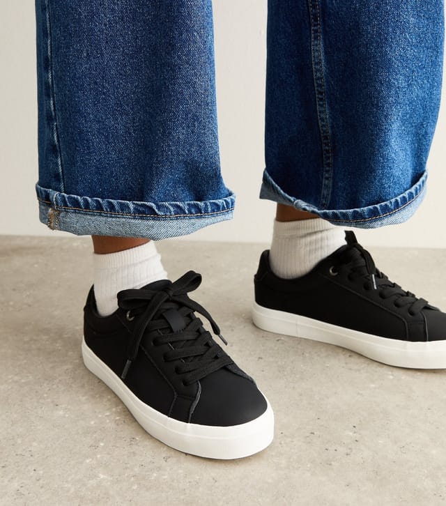 New Look Women's Wide Fit Black Faux Leather Lace Up Trainers Vegan New Look - 2