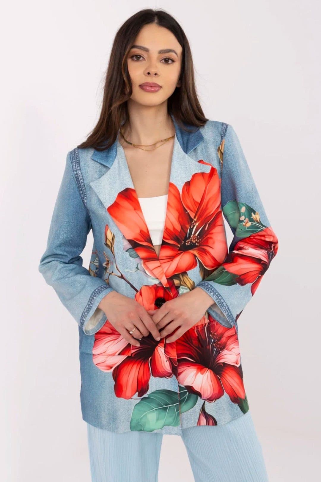 Love Lace Love Lace Women's Floral Denim Look Casual Blazer in Blue