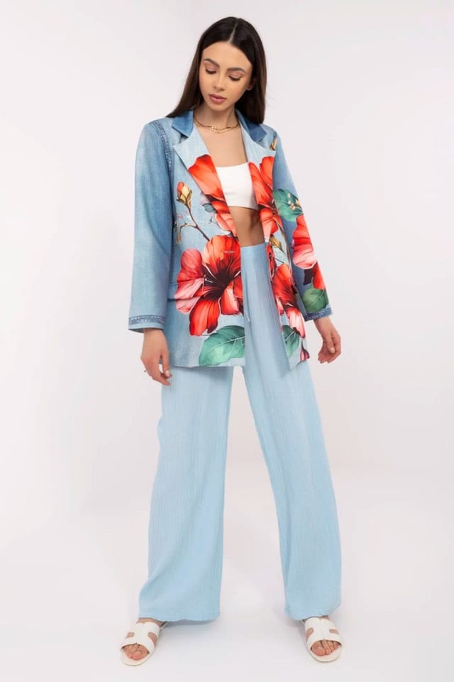 Love Lace Love Lace Women's Floral Denim Look Casual Blazer in Blue - 2