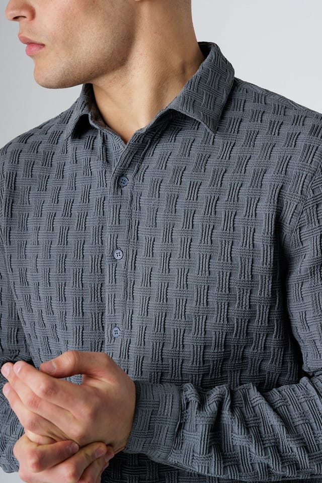 Influence Influence Men's Textured Long Sleeve Button Shirt in Grey - 3