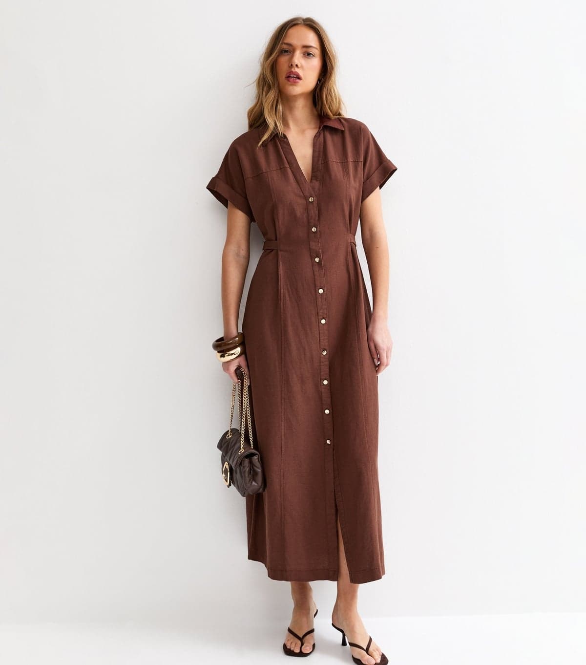 New Look Women's Dark Brown Linen Blend Shirt Midi Dress New Look