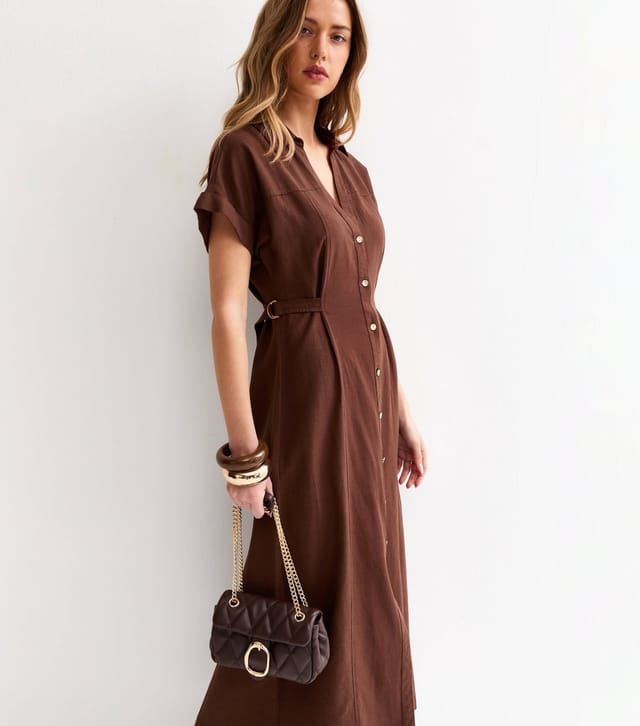 New Look Women's Dark Brown Linen Blend Shirt Midi Dress New Look - 2