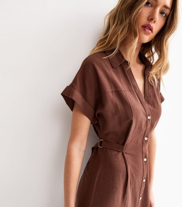 New Look Women's Dark Brown Linen Blend Shirt Midi Dress New Look - 3