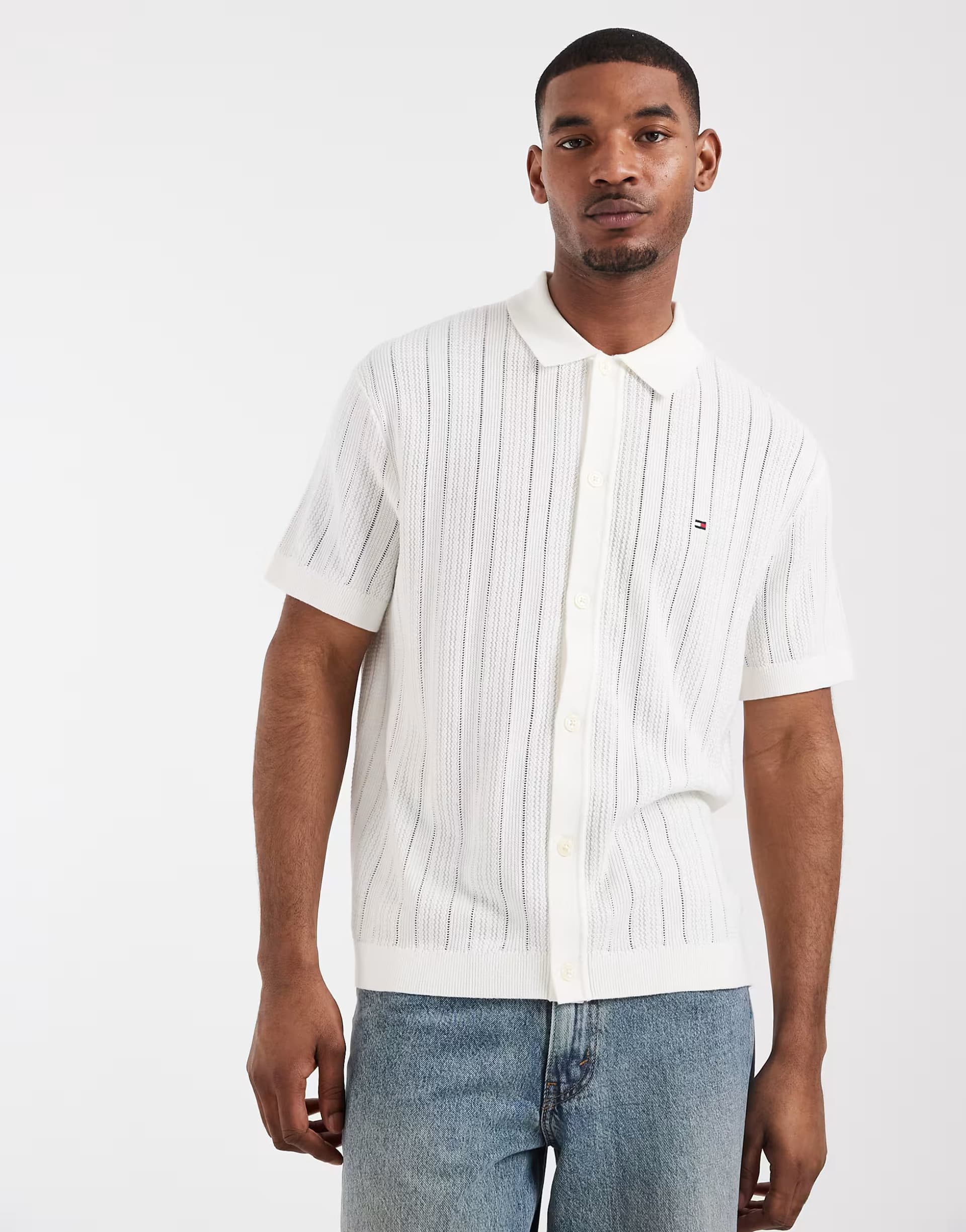 ASOS Tommy Hilfiger pointelle short sleeve knitted shirt in white
