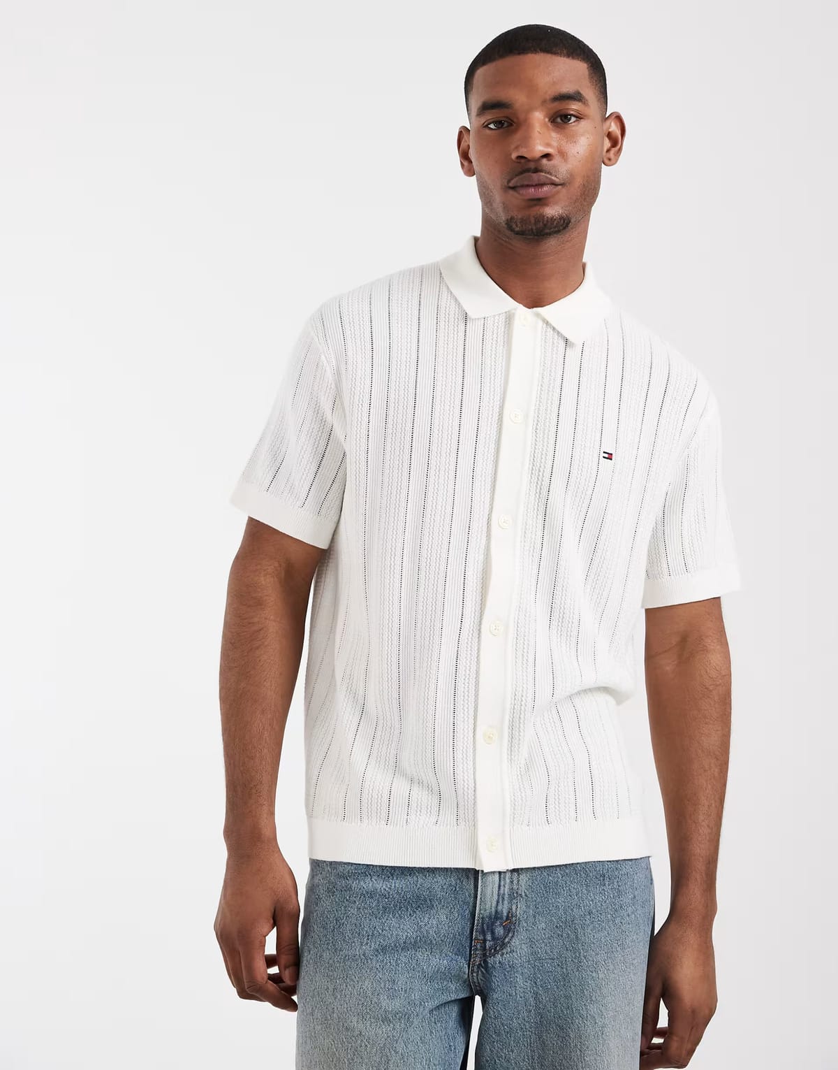 ASOS Tommy Hilfiger pointelle short sleeve knitted shirt in white - 1