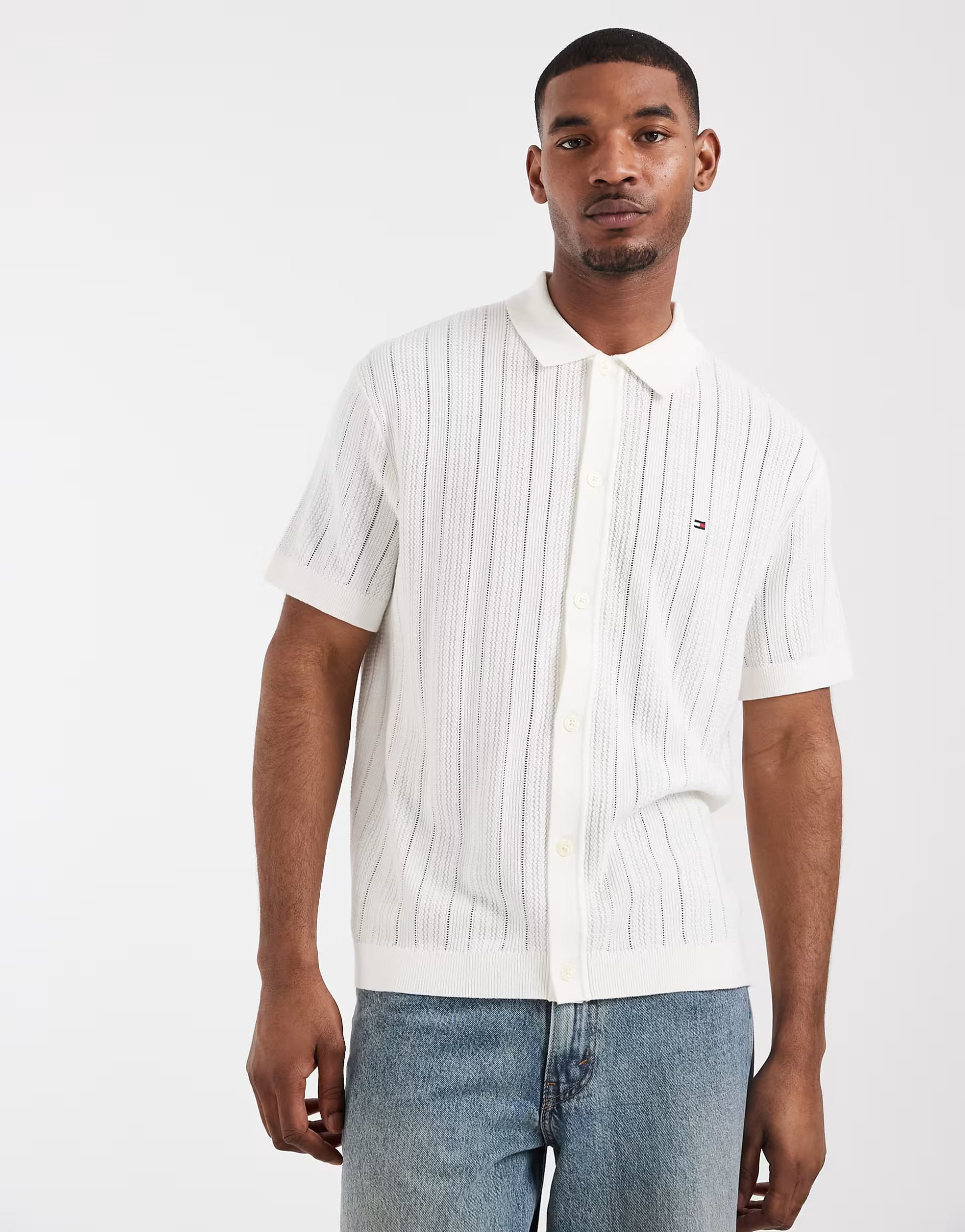 Tommy Hilfiger White Pointelle Short Sleeve Knit Shirt