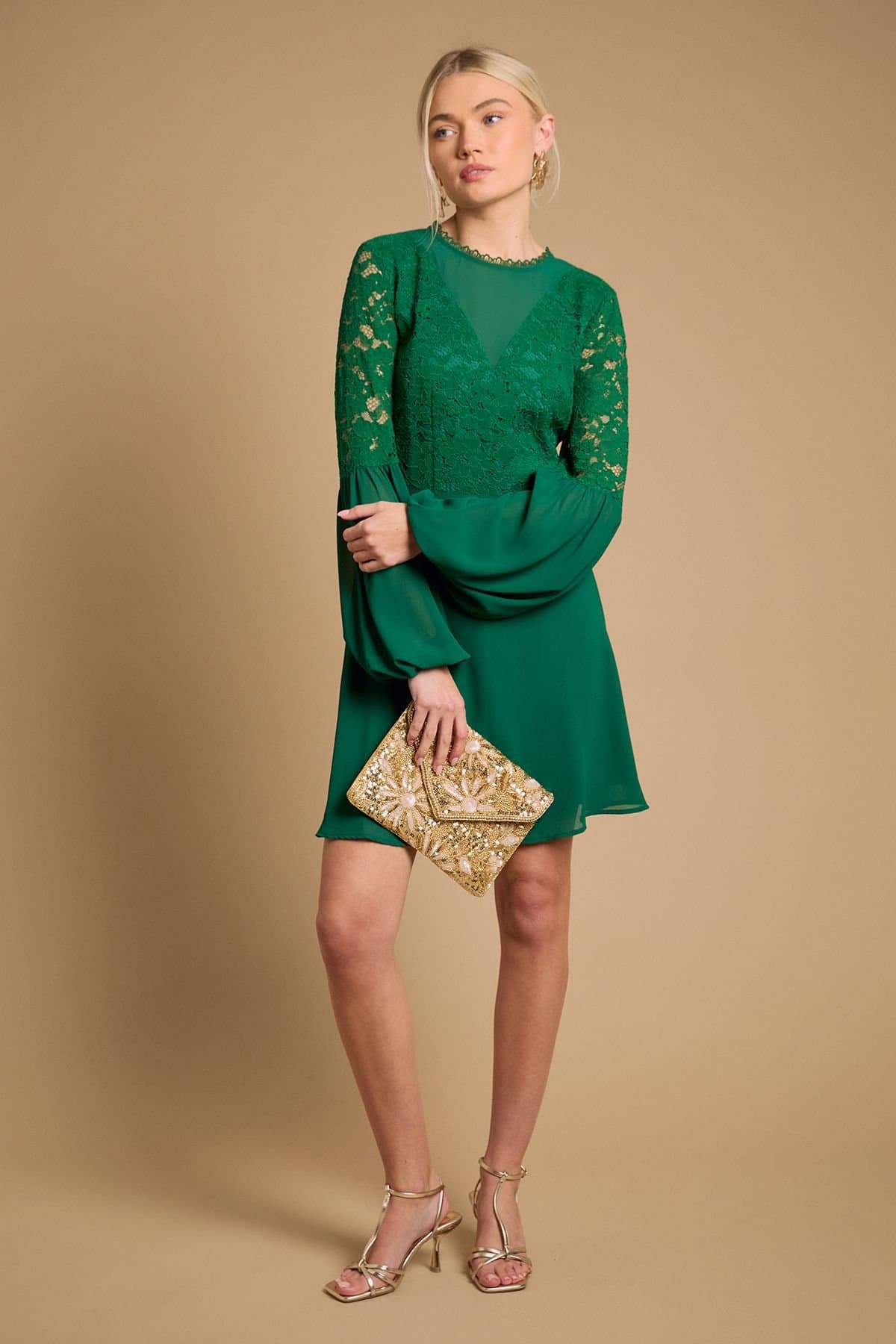 Oasis Oasis Women's Printed Lace Detail Balloon Sleeve Mini Dress in Forest