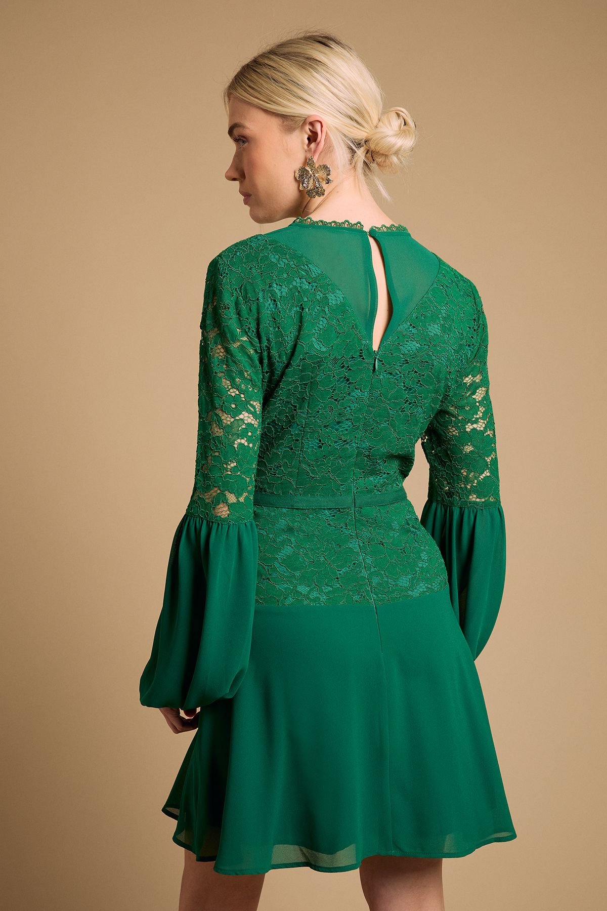 Oasis Oasis Women's Printed Lace Detail Balloon Sleeve Mini Dress in Forest - 3