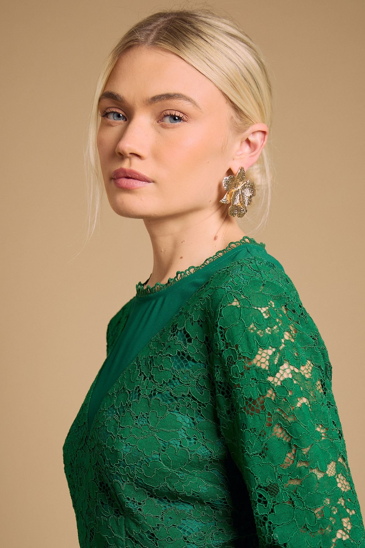 Oasis Oasis Women's Printed Lace Detail Balloon Sleeve Mini Dress in Forest - 4