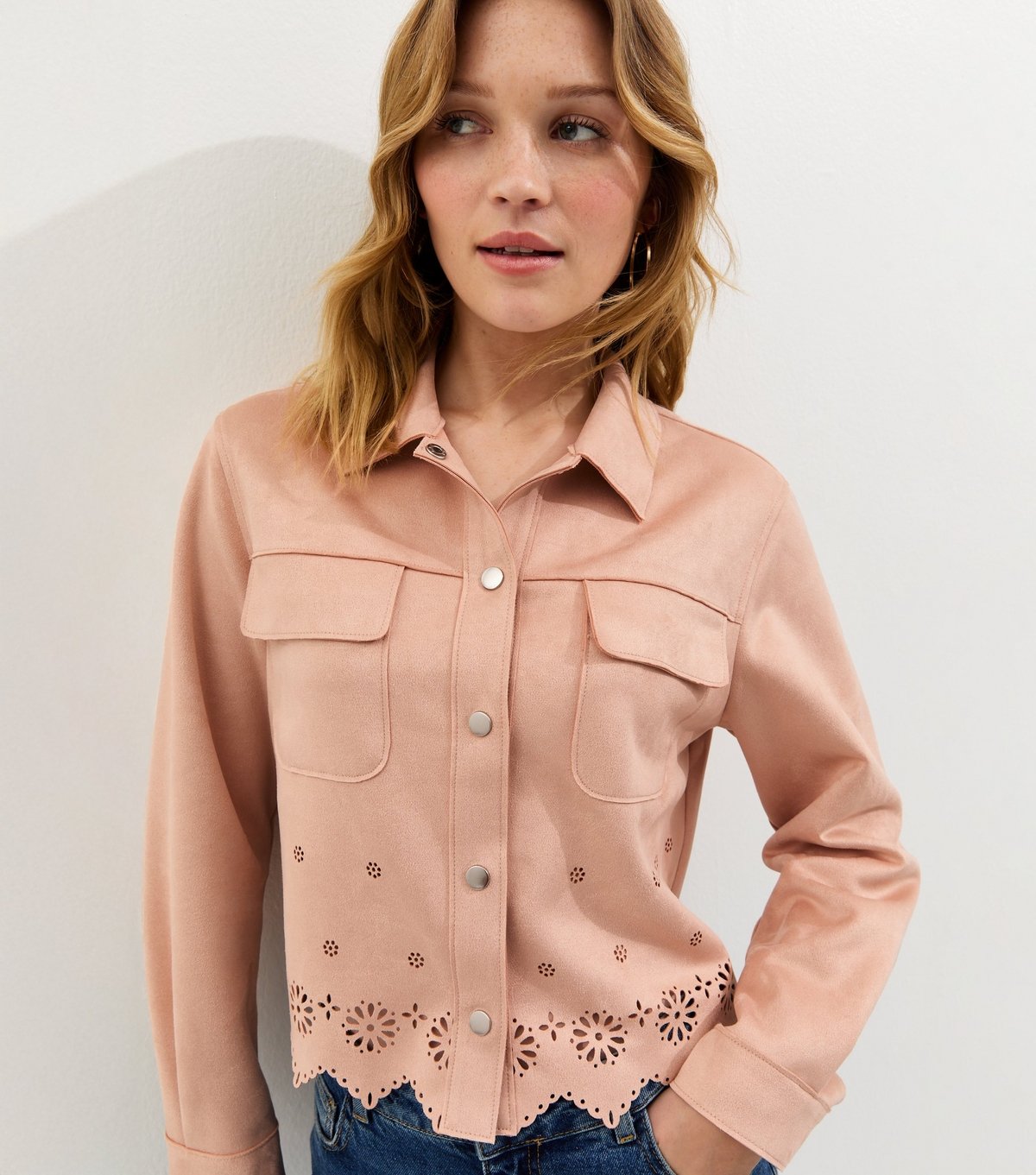 New Look Women's Pale Pink Cutwork Faux Suede Shacket New Look - 3