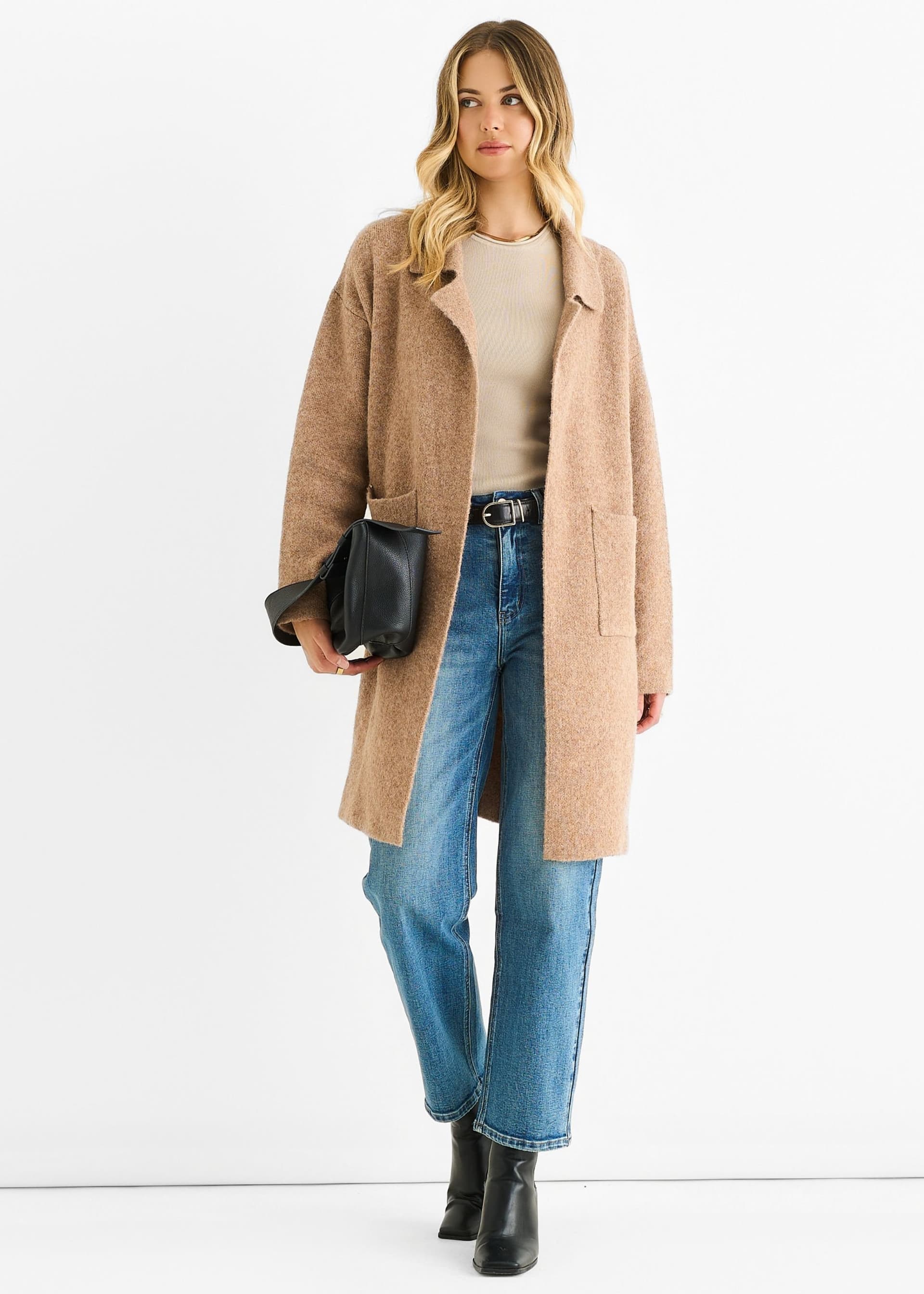 Gini London Gini London Women's Brown Wool Mix Longline Edge to Edge Cardigan