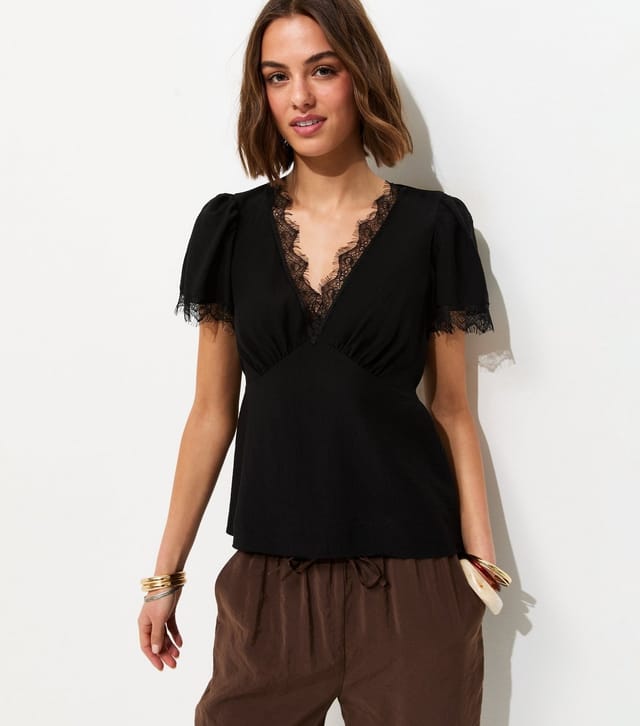 New Look Women's Black Button Lace Trim V Neck Tea Top New Look - 2