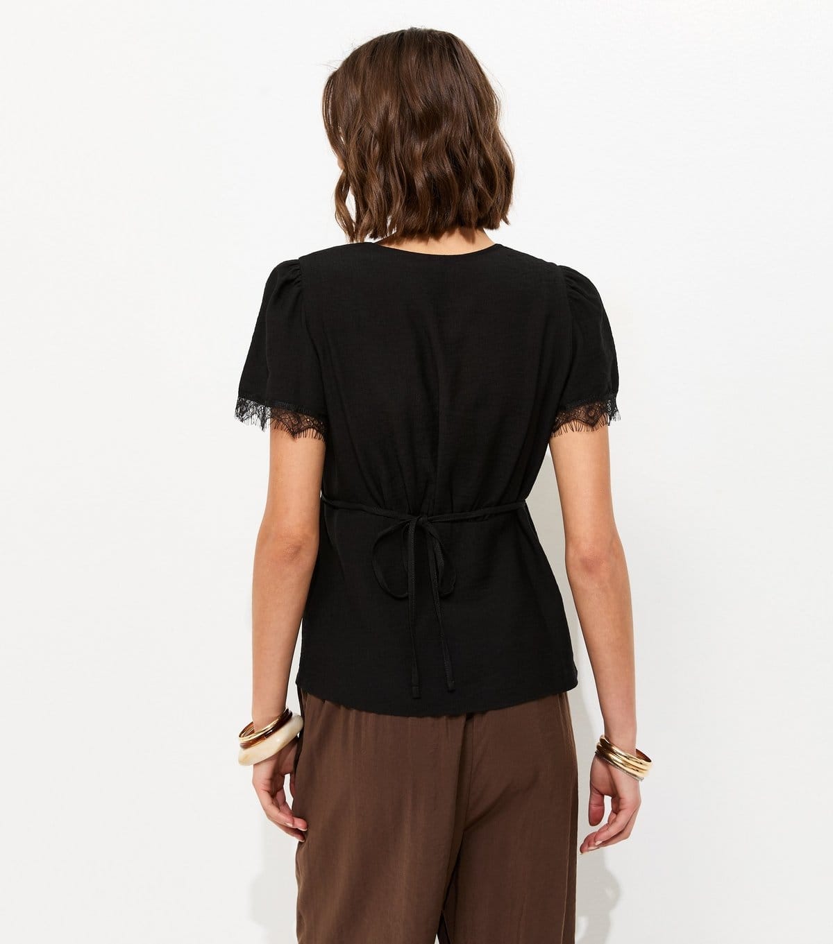 New Look Women's Black Button Lace Trim V Neck Tea Top New Look - 4
