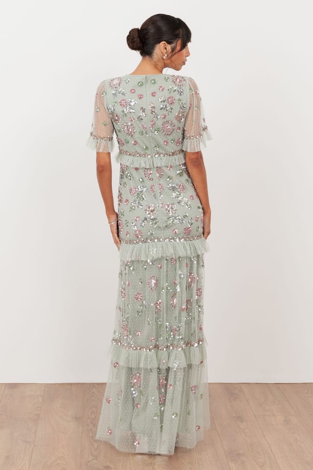 Maya Deluxe Maya Deluxe Women's Embellished Short Sleeve Spot Mesh Maxi Dress in Mint - 2
