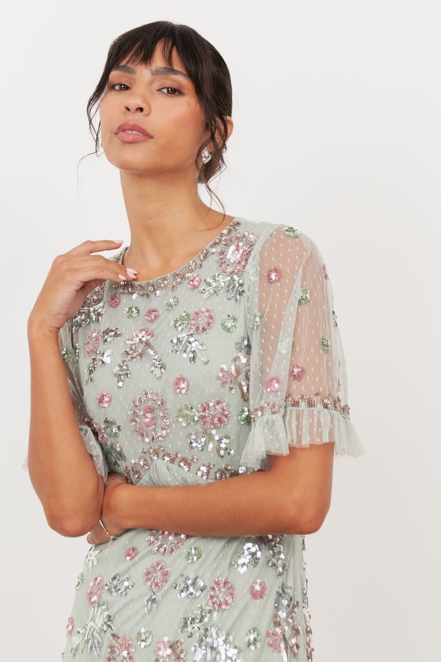 Maya Deluxe Maya Deluxe Women's Embellished Short Sleeve Spot Mesh Maxi Dress in Mint - 3