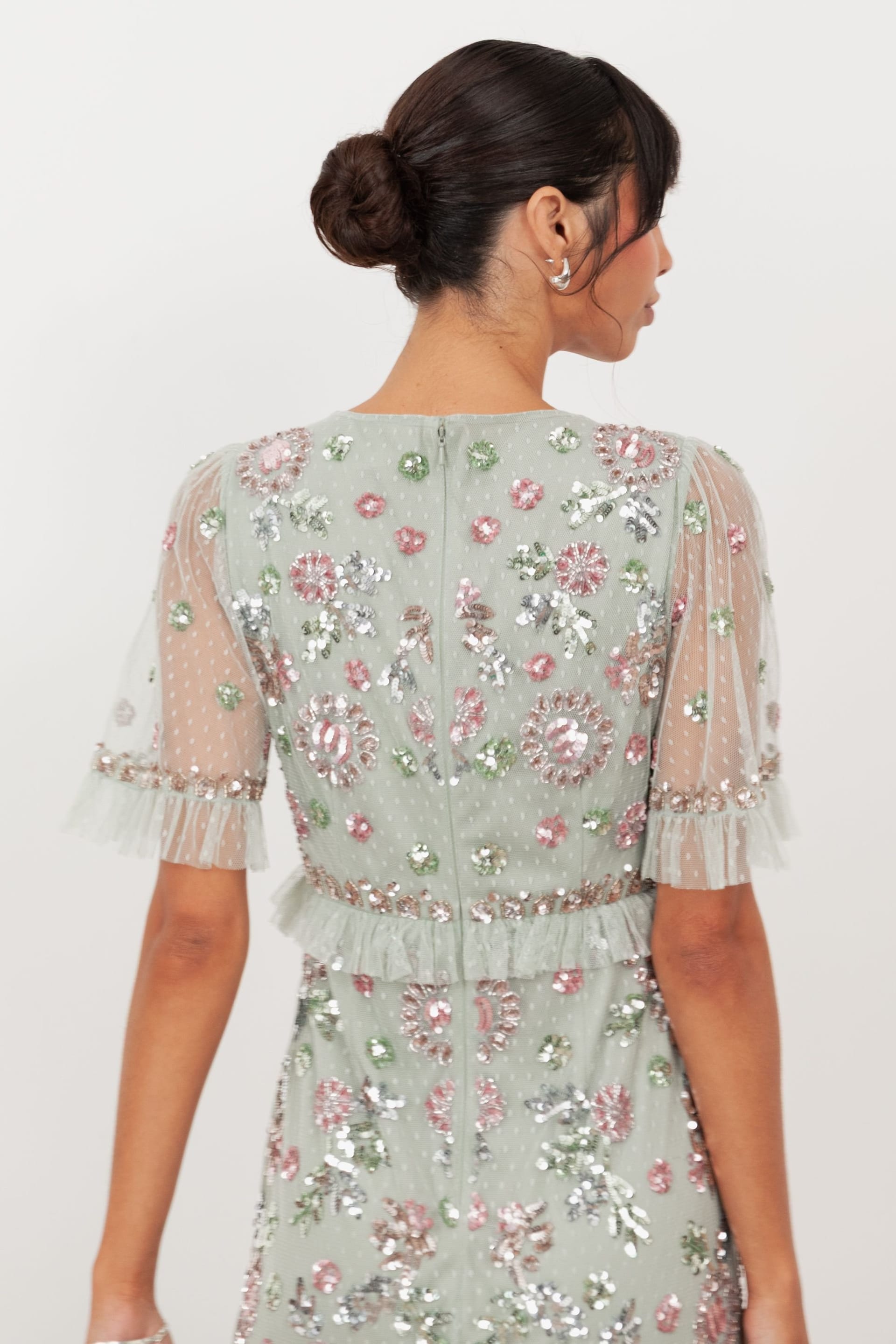 Maya Deluxe Maya Deluxe Women's Embellished Short Sleeve Spot Mesh Maxi Dress in Mint - 4