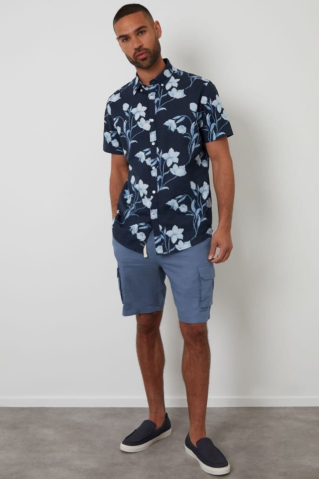 Threadbare Threadbare Men's Floral Print Short Sleeve Cotton Shirt in Navy - 3