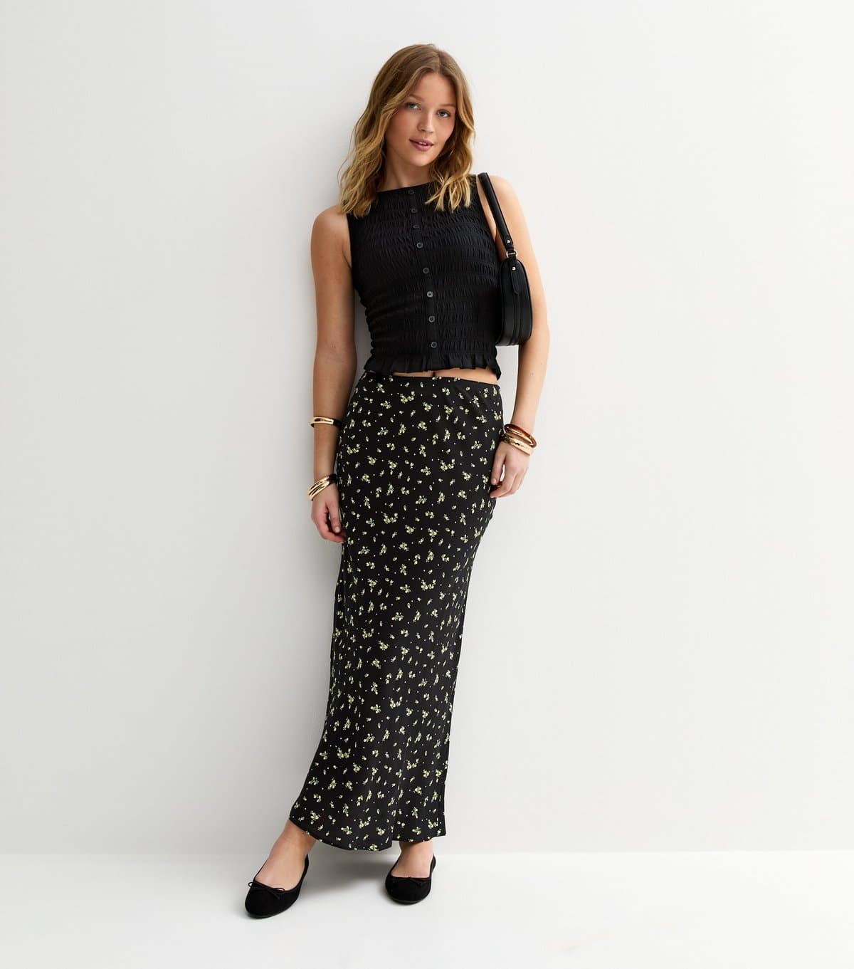 New Look Women's Black Lemon Print Bias Cut Midi Skirt New Look