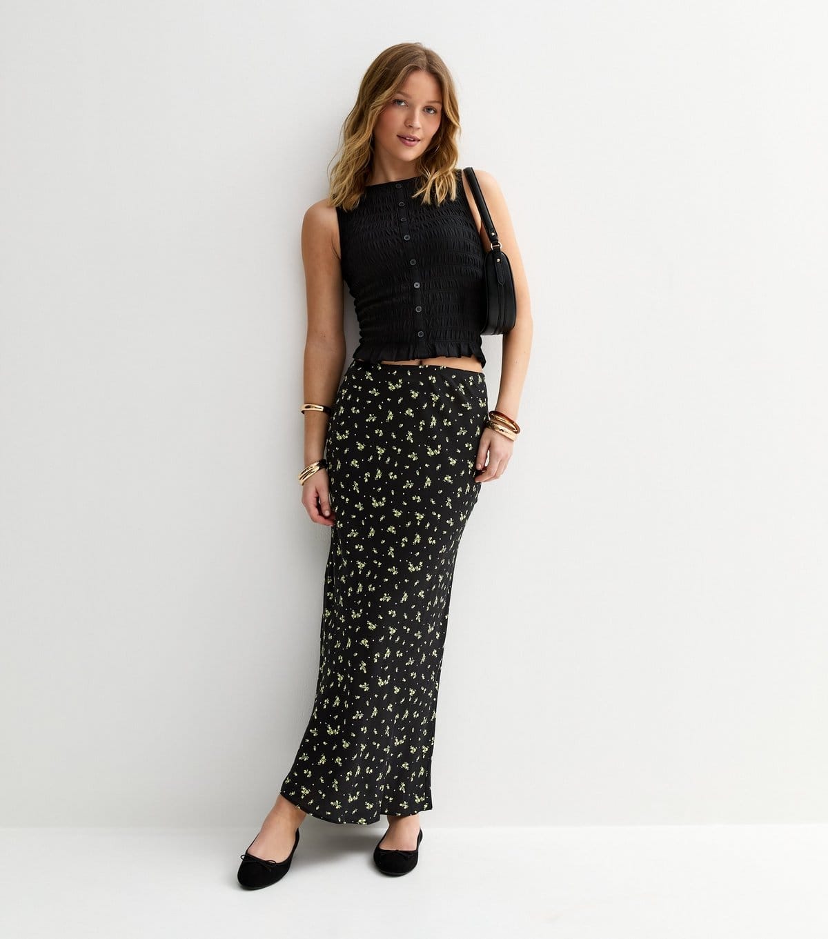 New Look Black Lemon Print Bias Cut Midi Skirt