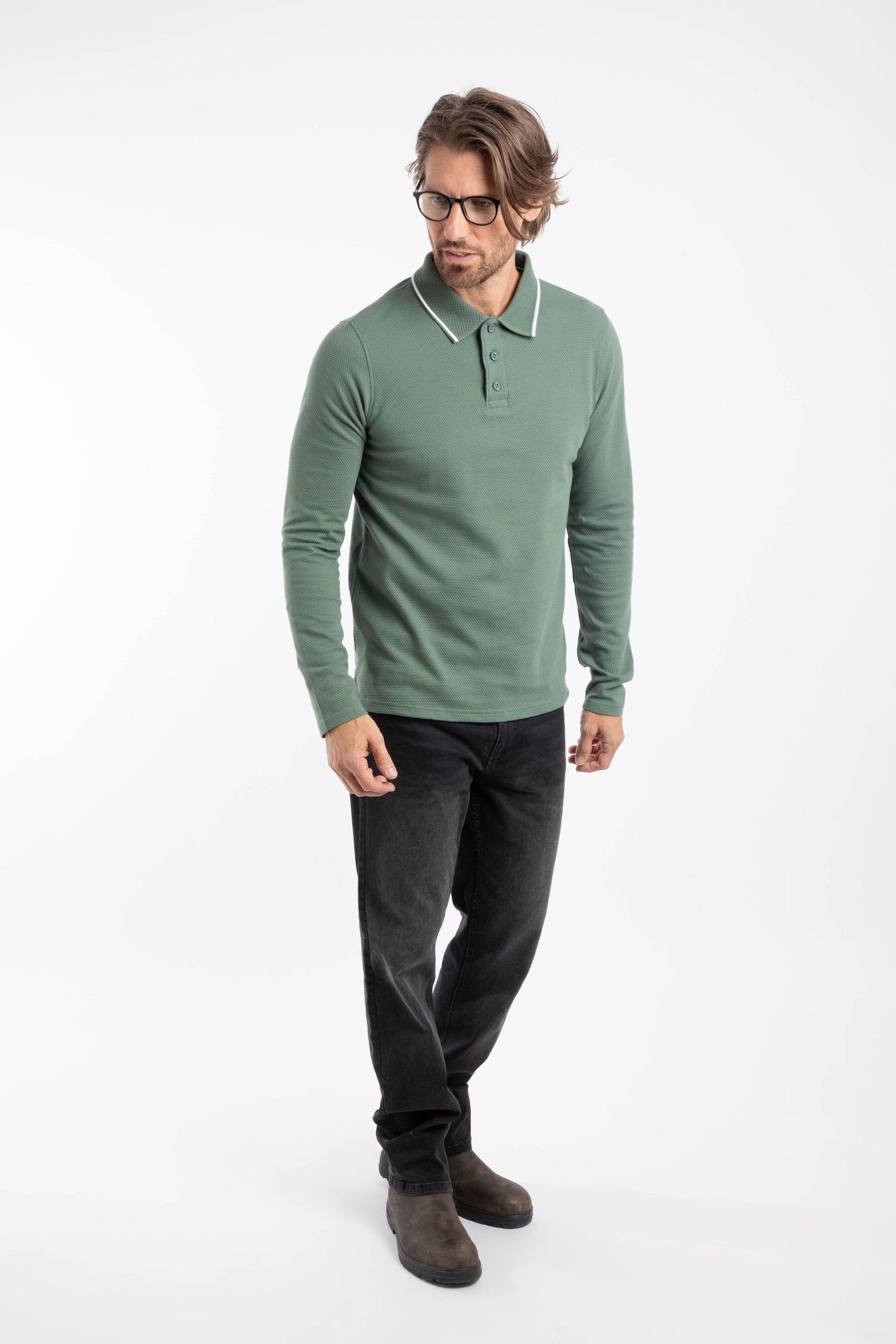 Weird Fish Weird Fish Men's Theo Cotton Textured Jersey Long Sleeve Polo in Dark Olive - 4