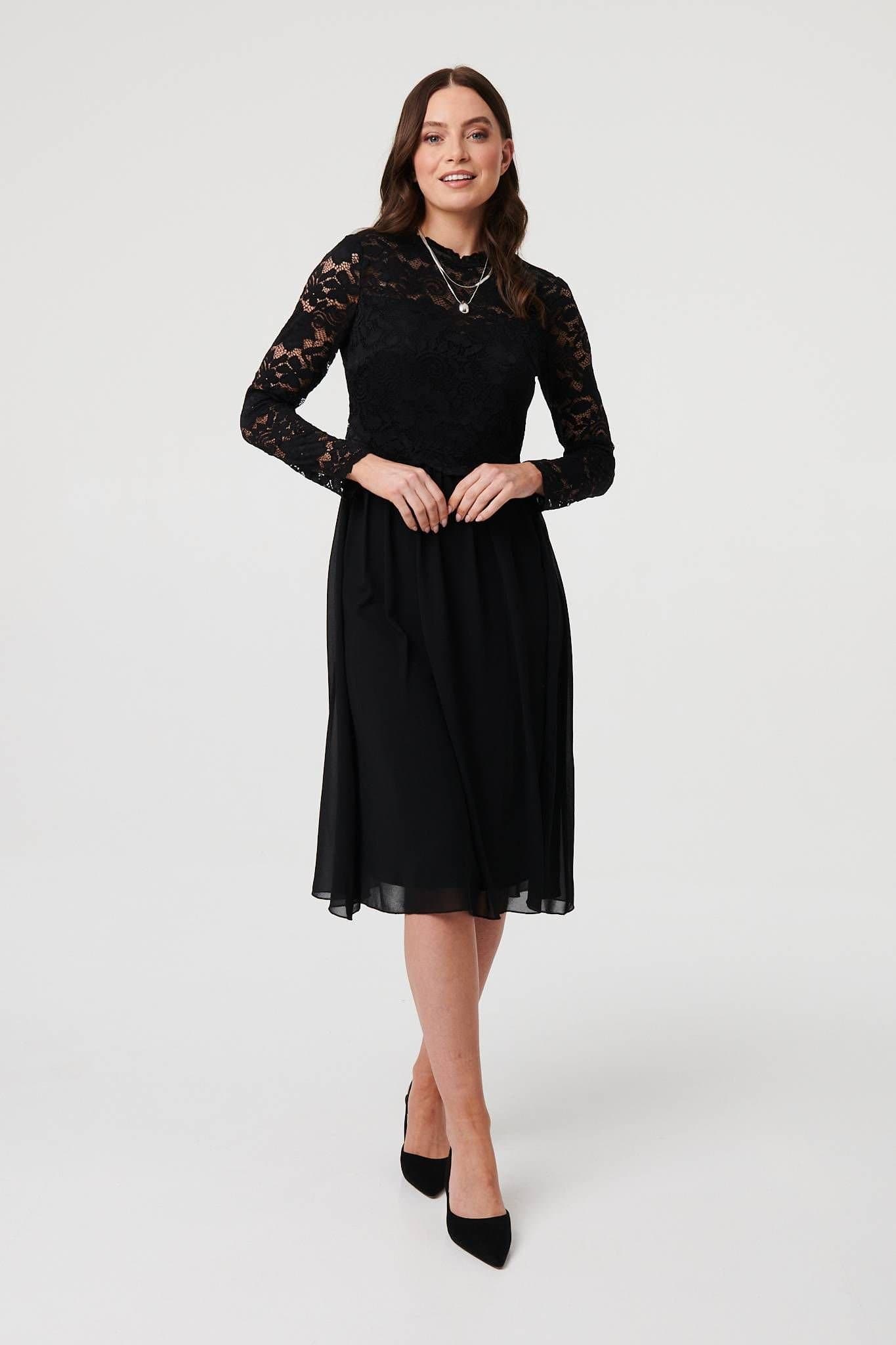 Izabel London Izabel London Women's Lace Semi Sheer Layer Knee Length Dress in Black