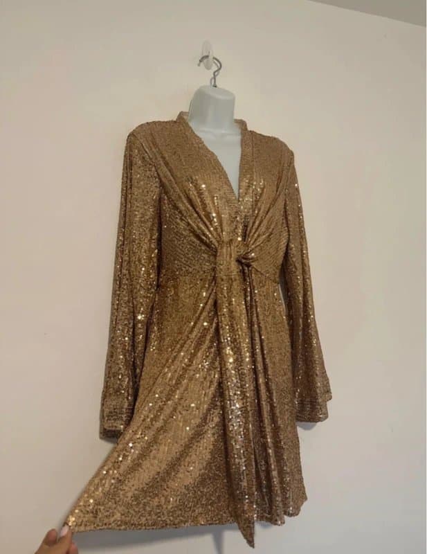 River Island * NEW * (no tags / shop floor ) River Island Gold Sequin Mini Dress with Exaggerated Sleeves - UK 16
