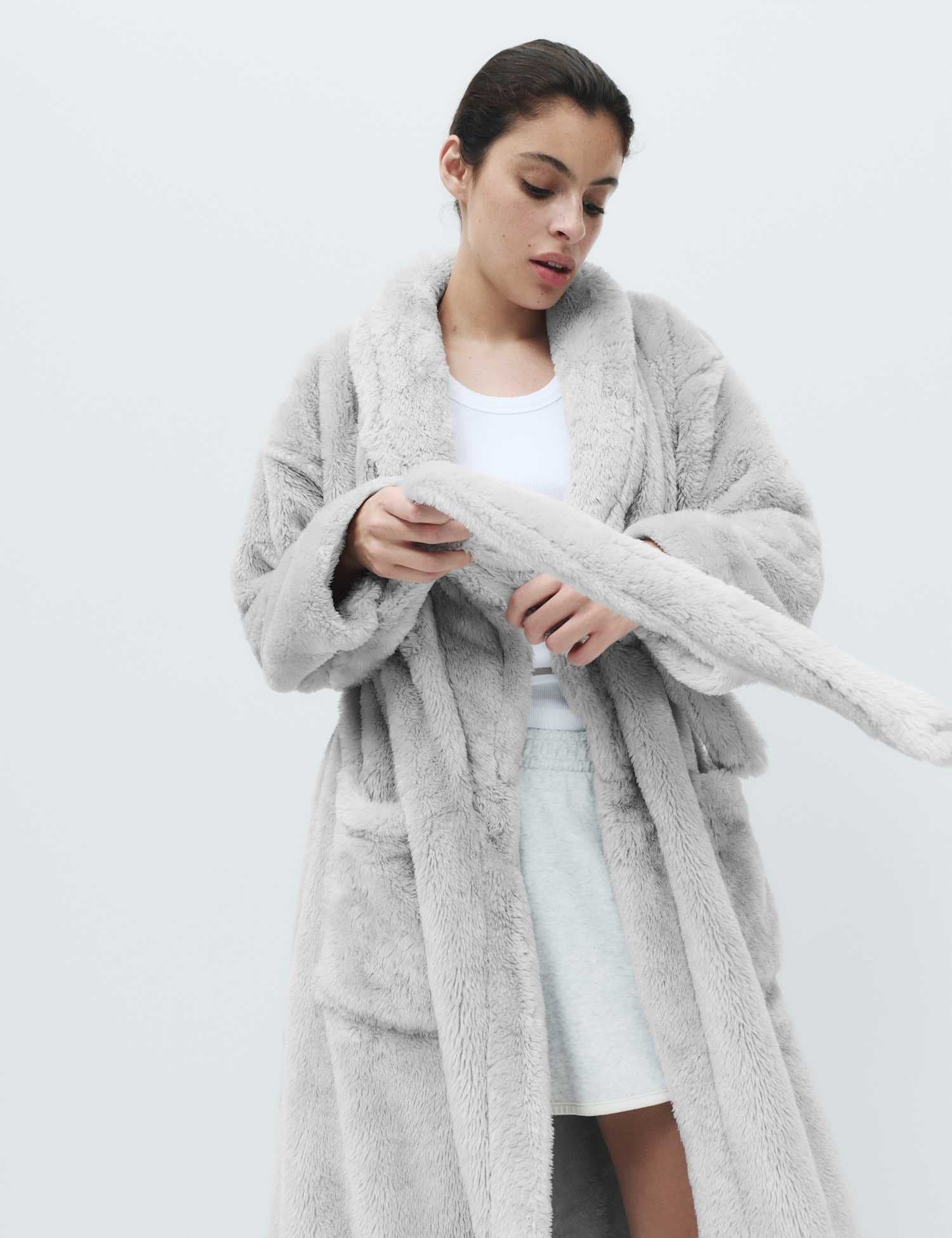 Marks & Spencer M&S Long Pile Shawl Collar Dressing Gown Grey