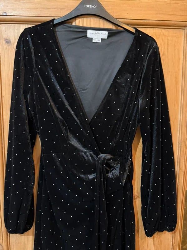 Never Fully Dressed Never Fully Dressed black velvet embellished wrap midi dress size 8