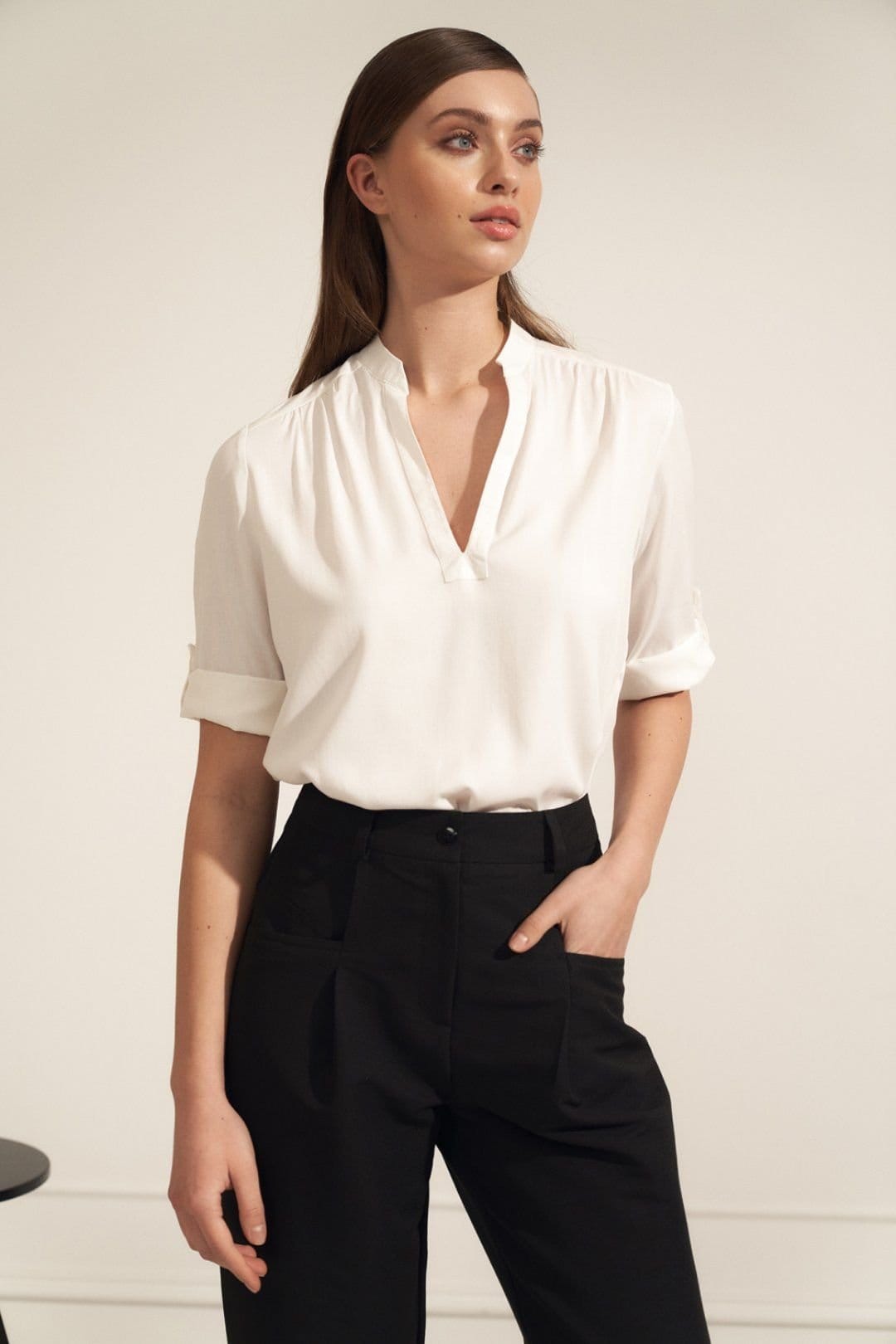 Love Lace White Viscose Ruched Neck Blouse