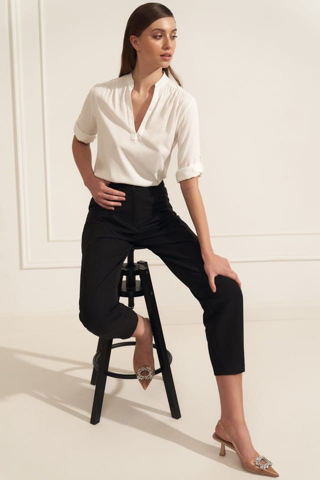Love Lace Love Lace Women's Viscose Ruched Neck Blouse Rolled Sleeves in White - 2