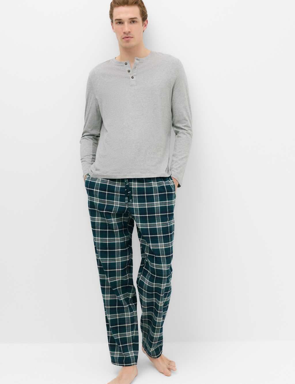 Marks & Spencer M&S Pure Cotton Henley Check Pyjama Set Grey Mix