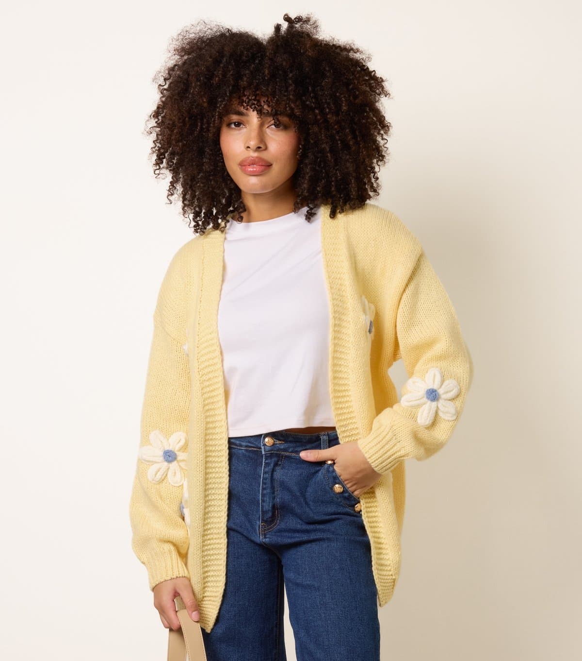 Blue Vanilla Women's Light Yellow Longline Embroidered Daisy Cardigan Blue Vanilla New Look