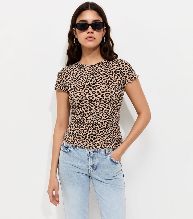 New Look Women's Brown Cotton Rich Leopard Print Babylock Baby Tee T-Shirt New Look - 2
