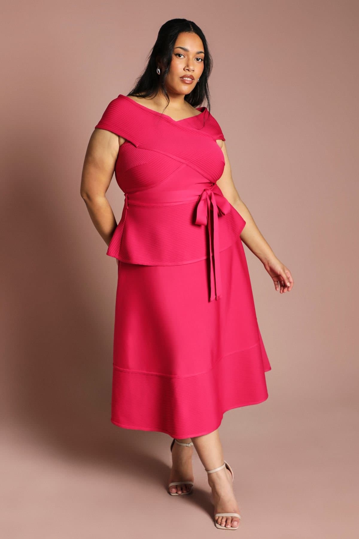 Coast Coast Women's Plus Bardot Bandage Full Skirted Midi Dress in Magenta